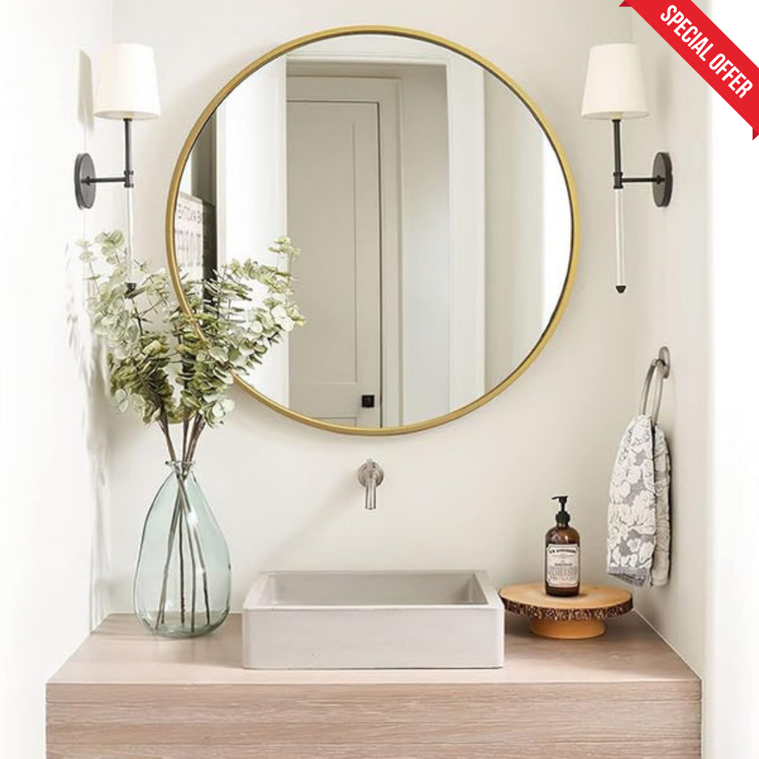 Golden Round Mirror in Steel Frame