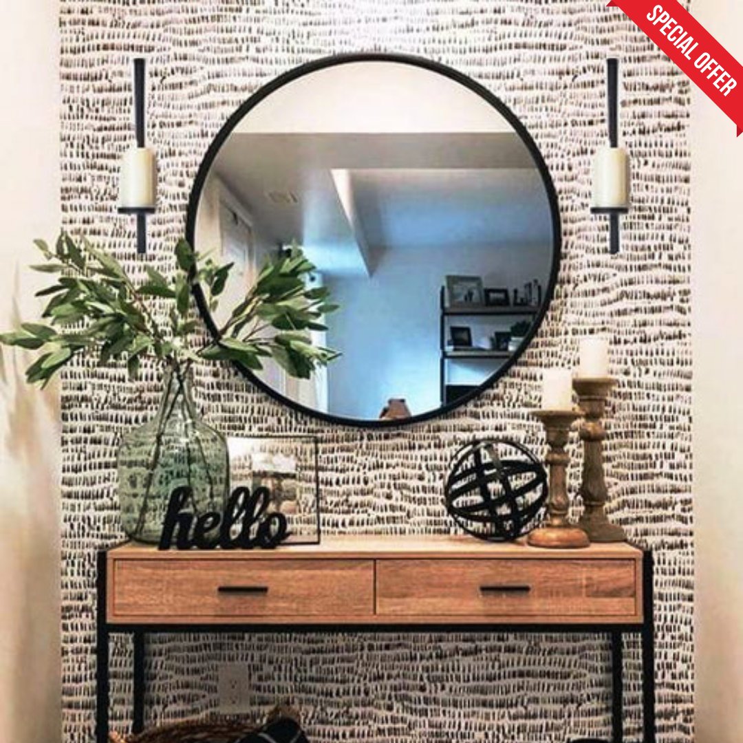 Black Round Mirror in Metal Frame with Side Candle Stand