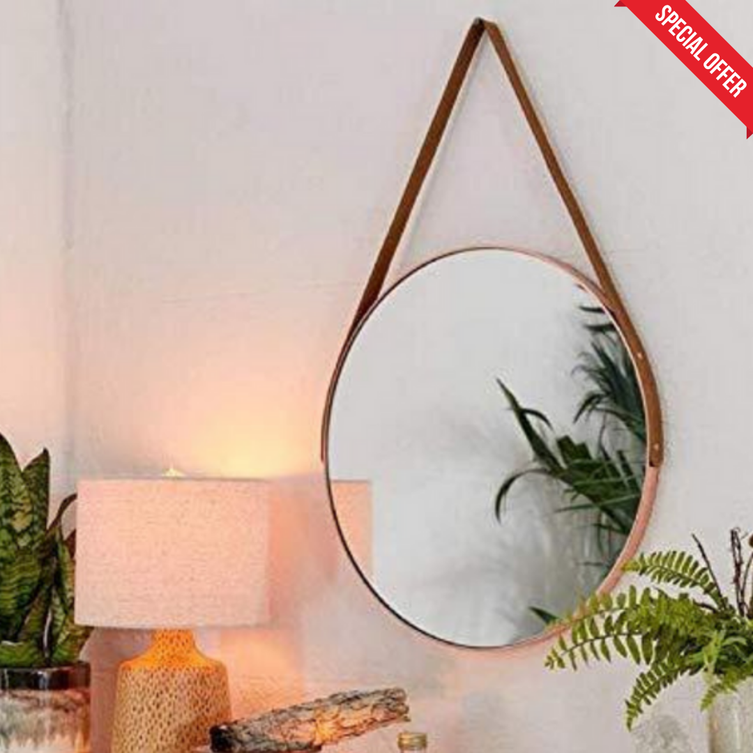 Round Hanging Mirror with Leather Strap- Rose Gold