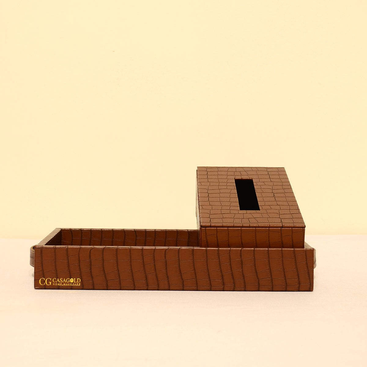 Leather tray with Tissue box Brown Croco