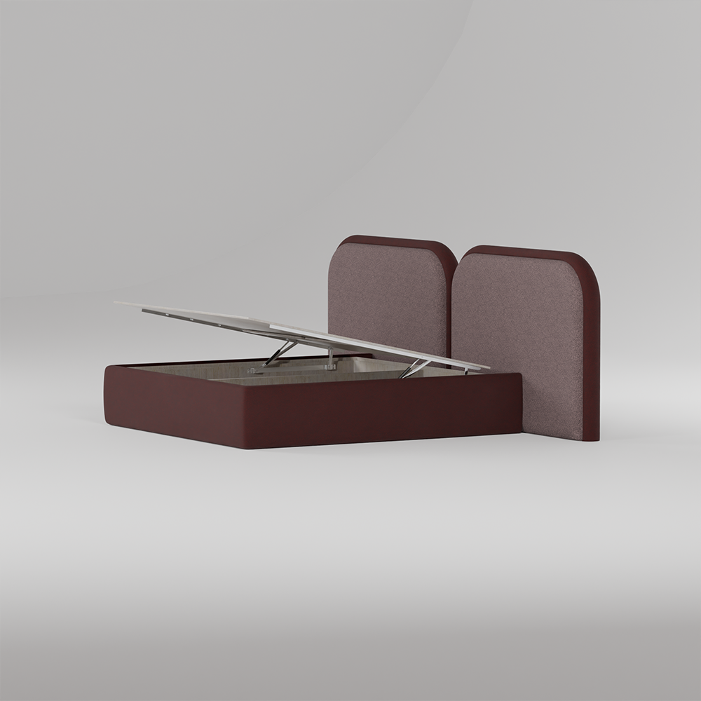 Handcrafted contemporary bed with rounded headboard, premium upholstery and rich brown finish