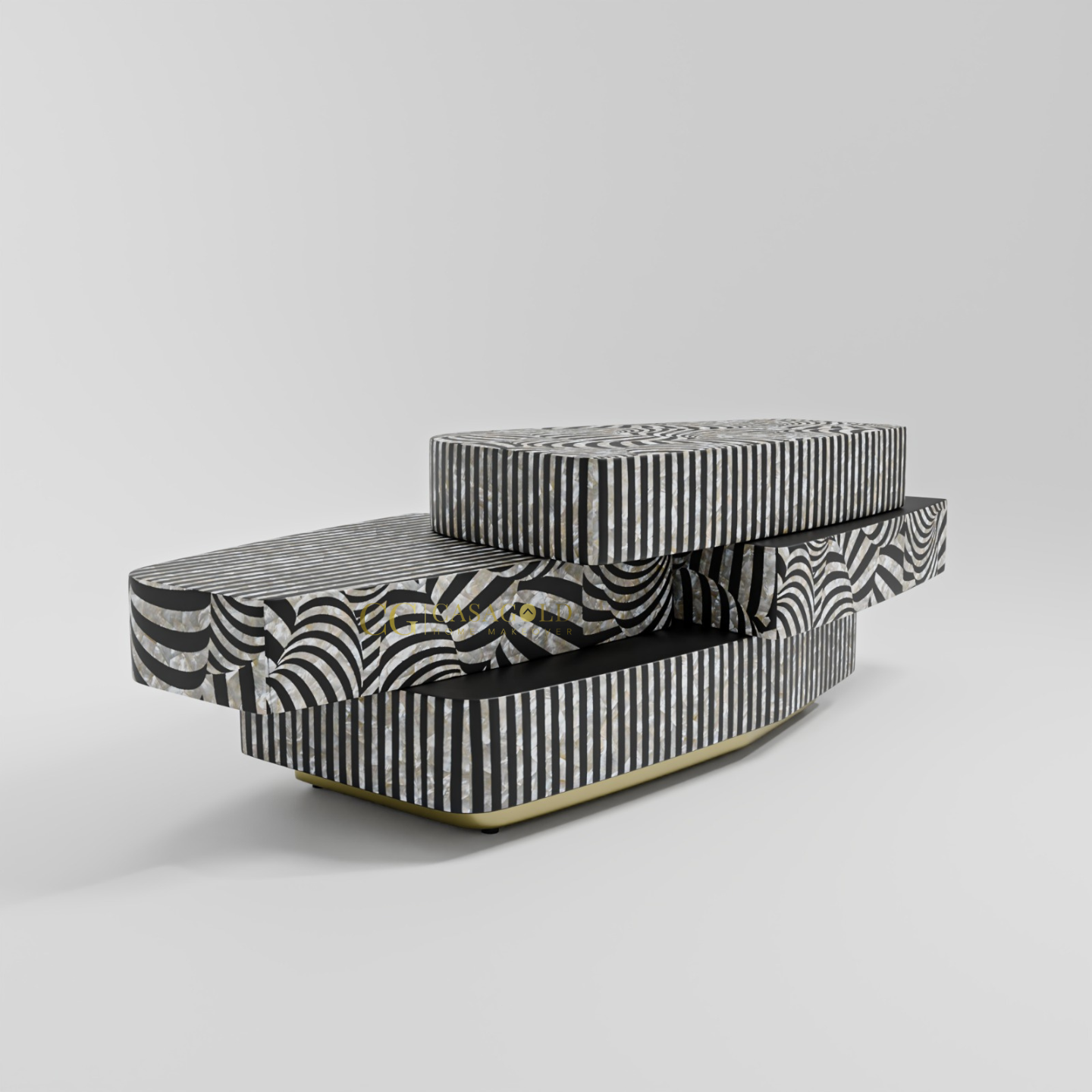  Artistic coffee table with zebra-like wavy designs and striped vertical sides, arranged in a staggered form.

