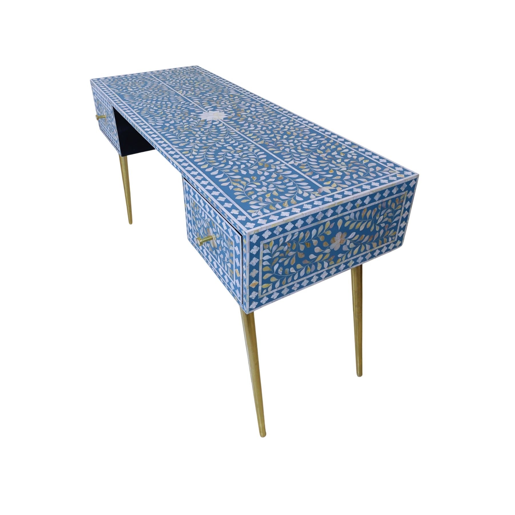 Antique brass-accented MOP inlay office desk for vintage decor