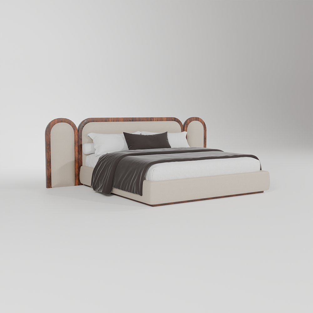 Aria Arch luxury upholstered bed with curved wooden frame in neutral fabric