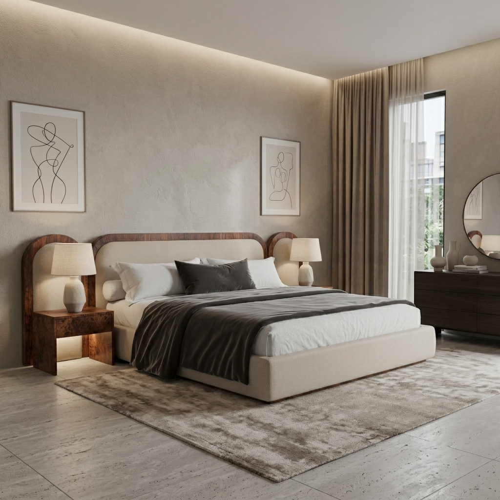 A modern bedroom featuring a low-profile platform bed with a dark wood headboard and matching footboard.