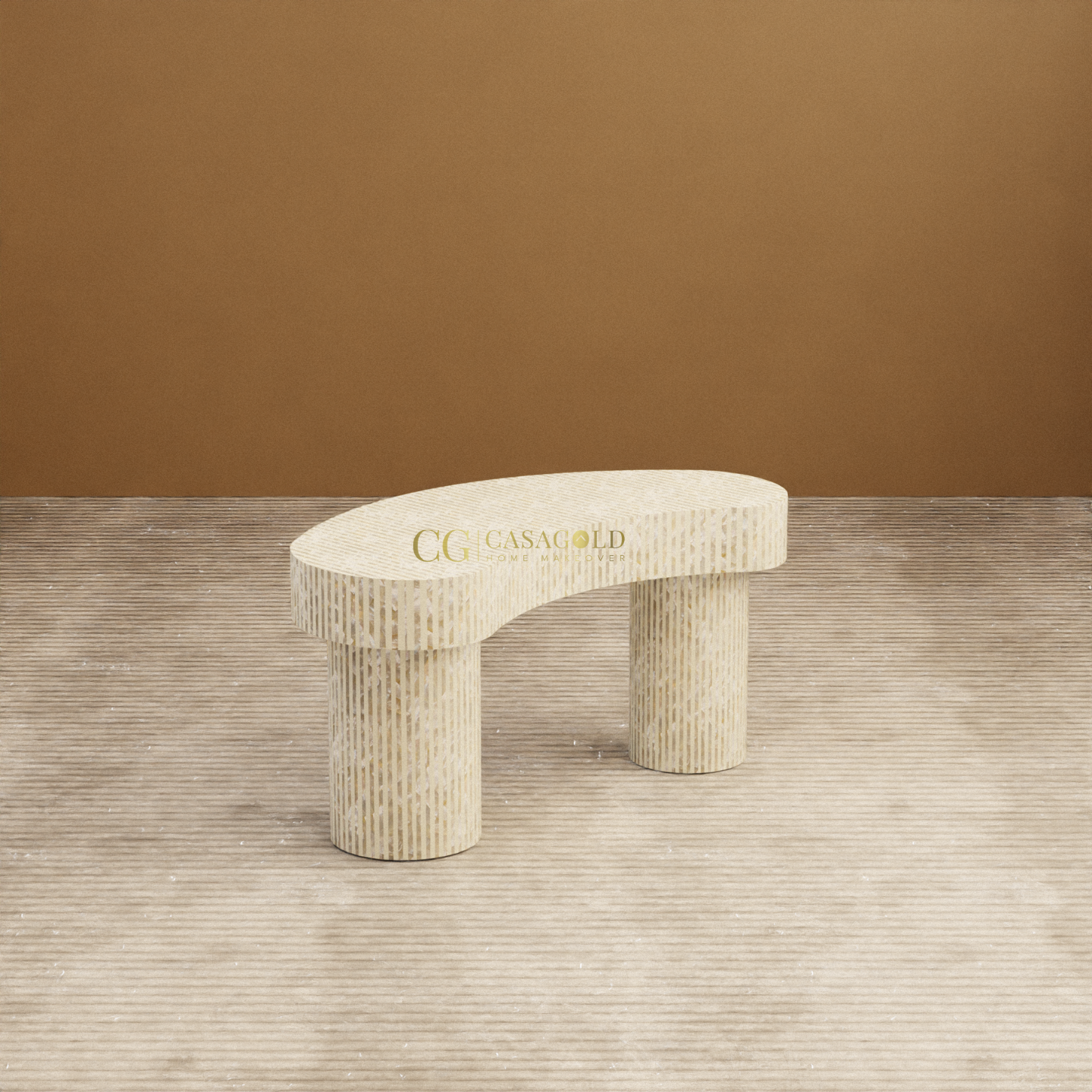 Minimalist beige desk with a crescent top and artistic inlay pattern.
