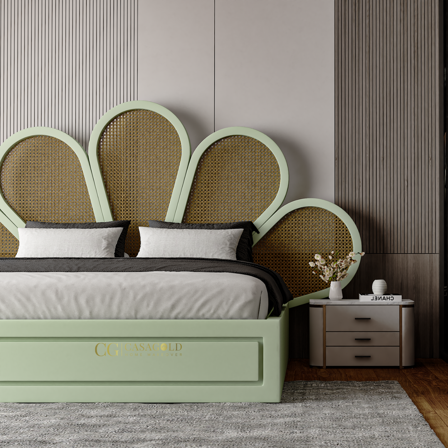 Unique artistic headboard design in a modern bedroom setting.
