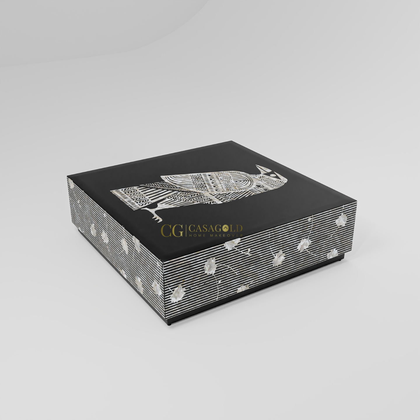 Square black coffee table featuring a stylized bird inlay design on top and patterned sides.