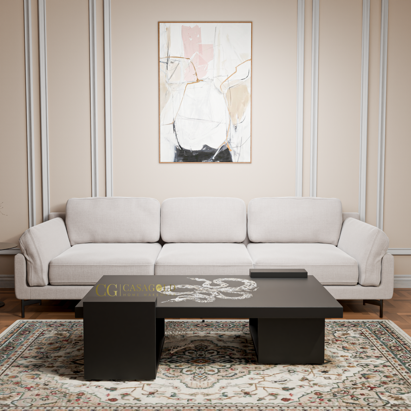 Black and white-colored coffee table with a snake illustration
