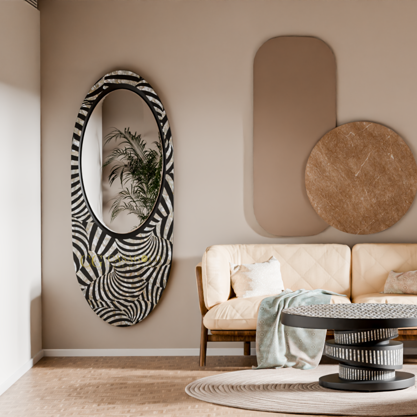Ornate wall mirror with patterned inlay enhancing a neutral-toned 