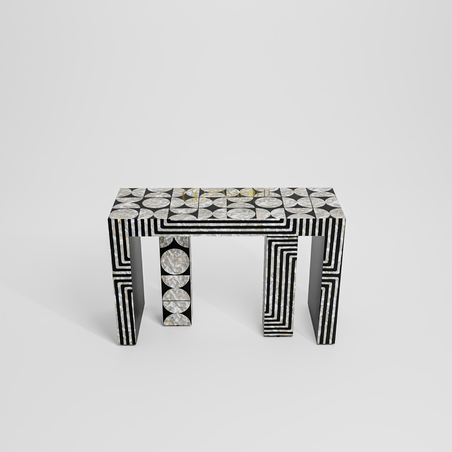 Unique hallway table with modern artistic patterns and textured circular motifs.
