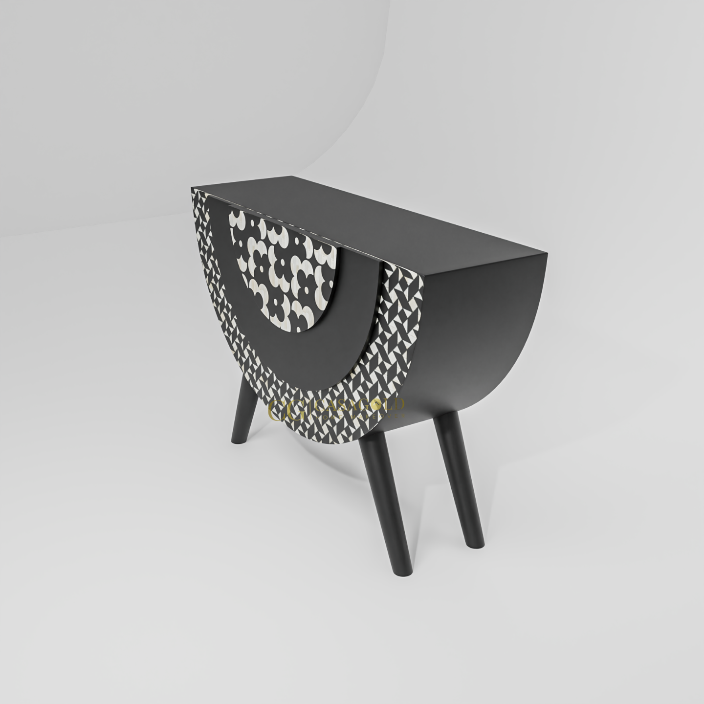 A decorative black console table with a striking semicircular front. The face of the table has two distinct
