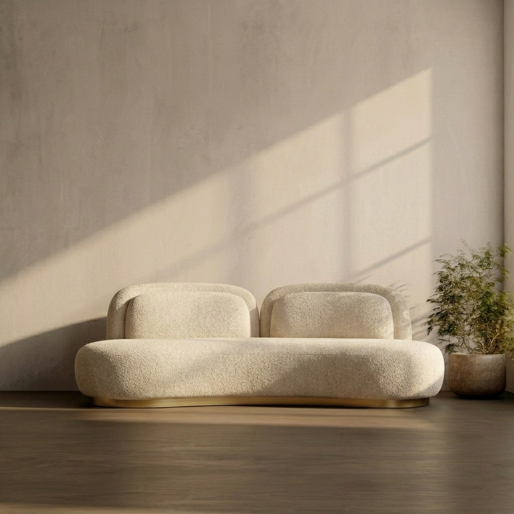 Modern beige sofa in a minimalistic room with soft lighting