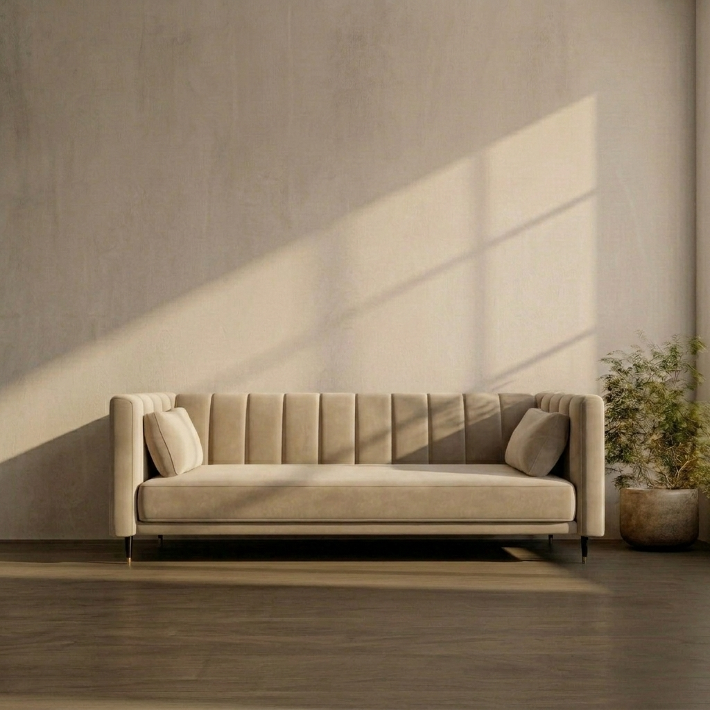 Beige sofa in a room with sunlight casting shadows on the wall
