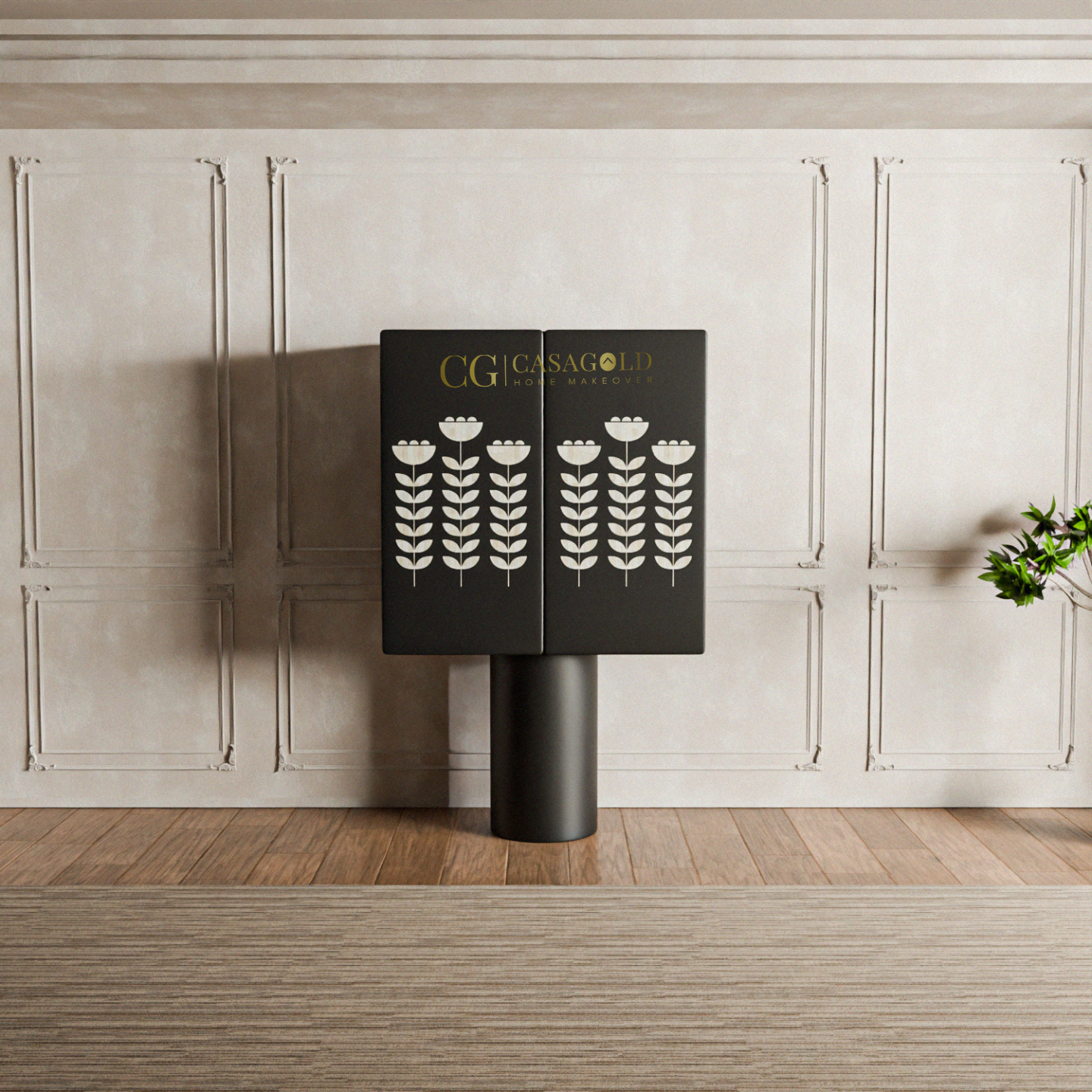  A black, modern bar cabinet with white floral-like patterns on the doors, standing on a circular pedestal base.