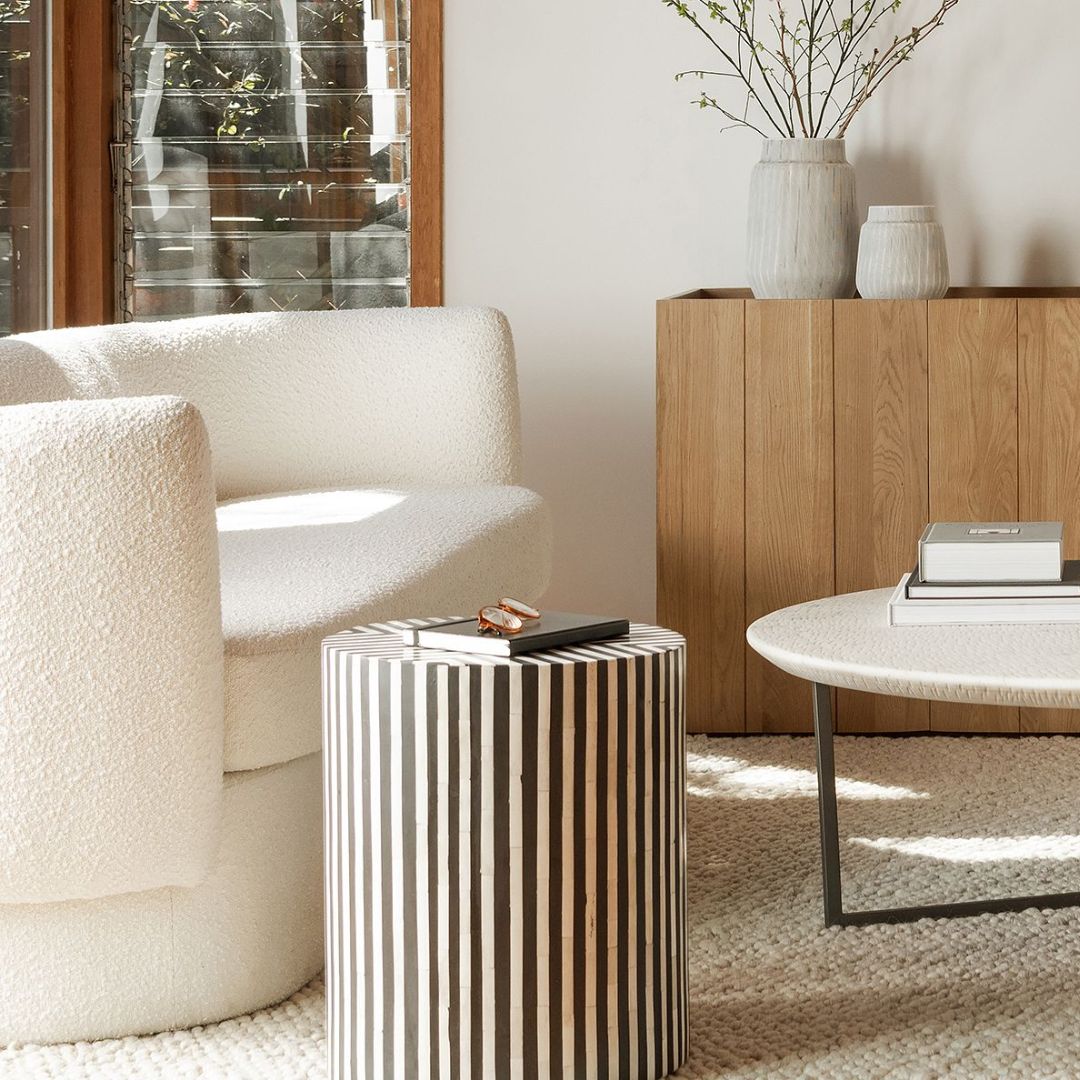 Black Drum Inlay Side Table with Artistic Patterns	