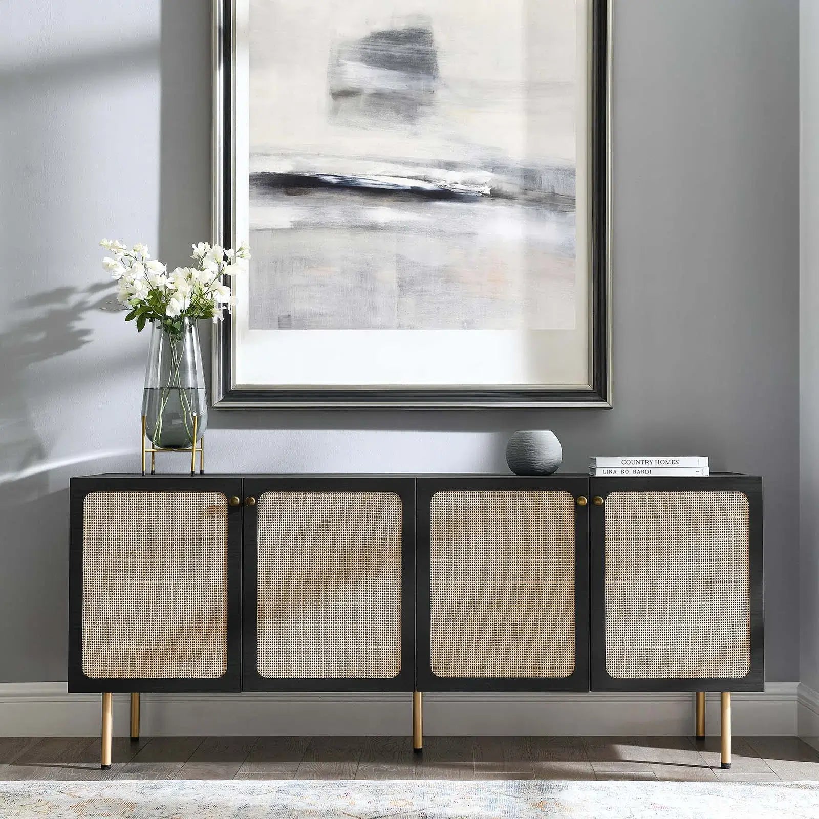 Black-framed rattan cabinet for chic storage
