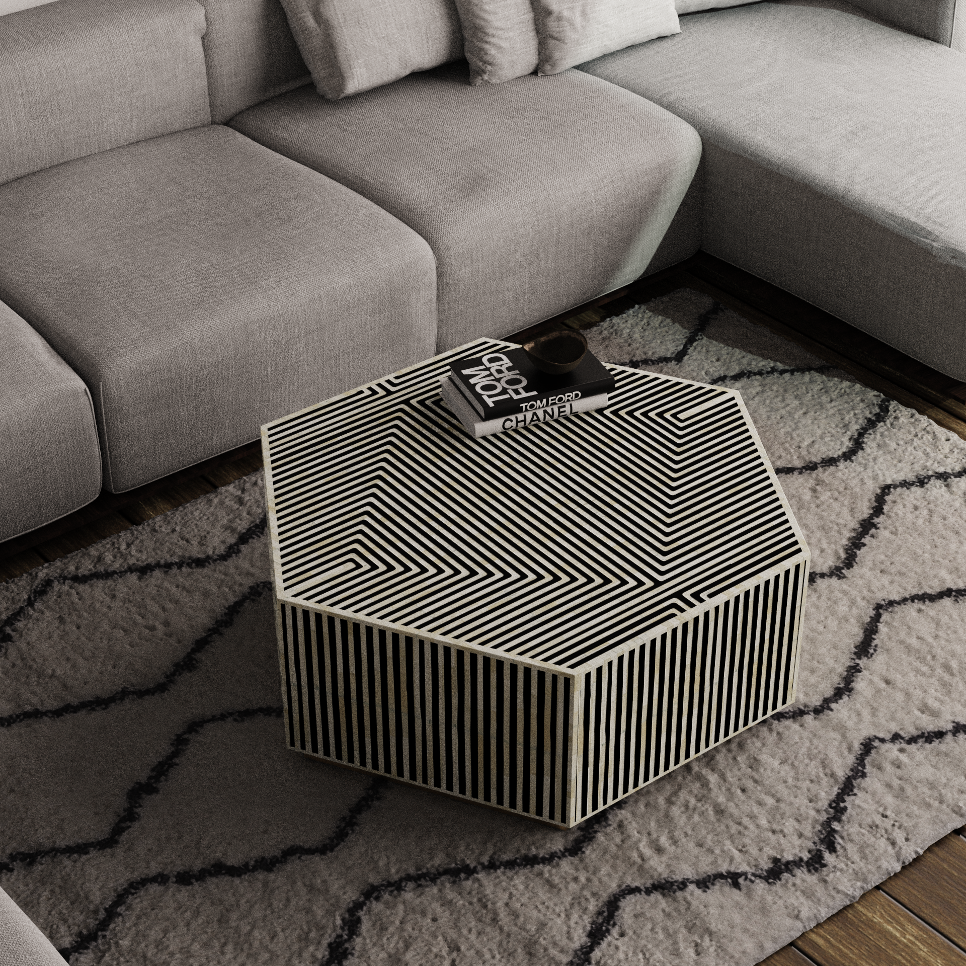 Black Hexagonal Bone Inlay Coffee Table	