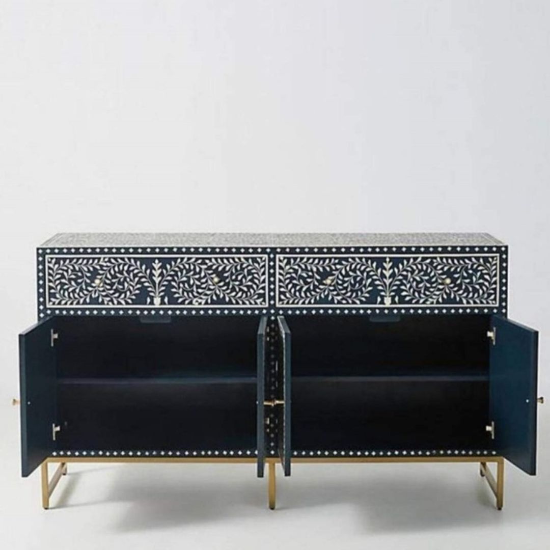 Black mosaic bone inlay sideboard for contemporary spaces.
