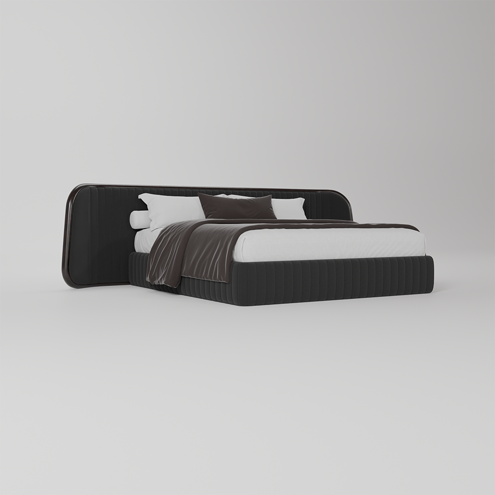 hop the Riva luxury bed by CasaGold, designed with a sculptural curved headboard, channelled upholstery and customisable finishes for modern interiors.