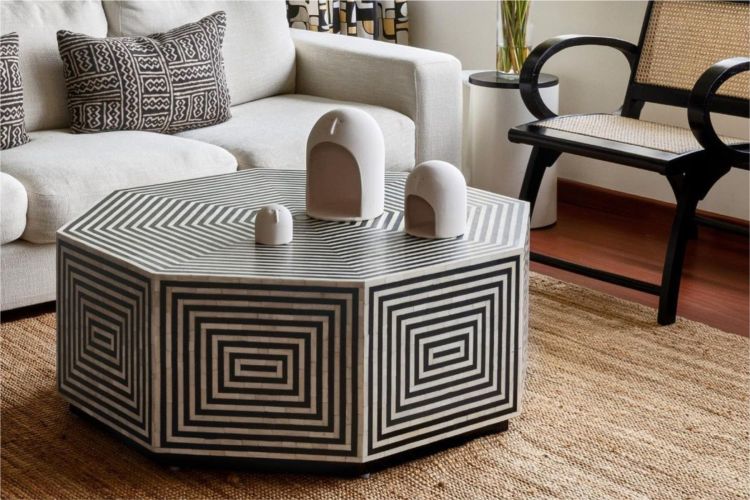 Black and White Bone Inlay Hexagon Coffee Table	