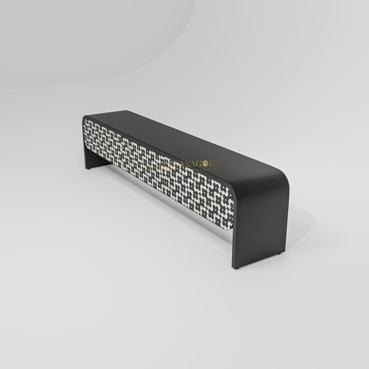 A console cabinet with a black top and base and a detailed, white and black lattice or flower-like pattern on the front.