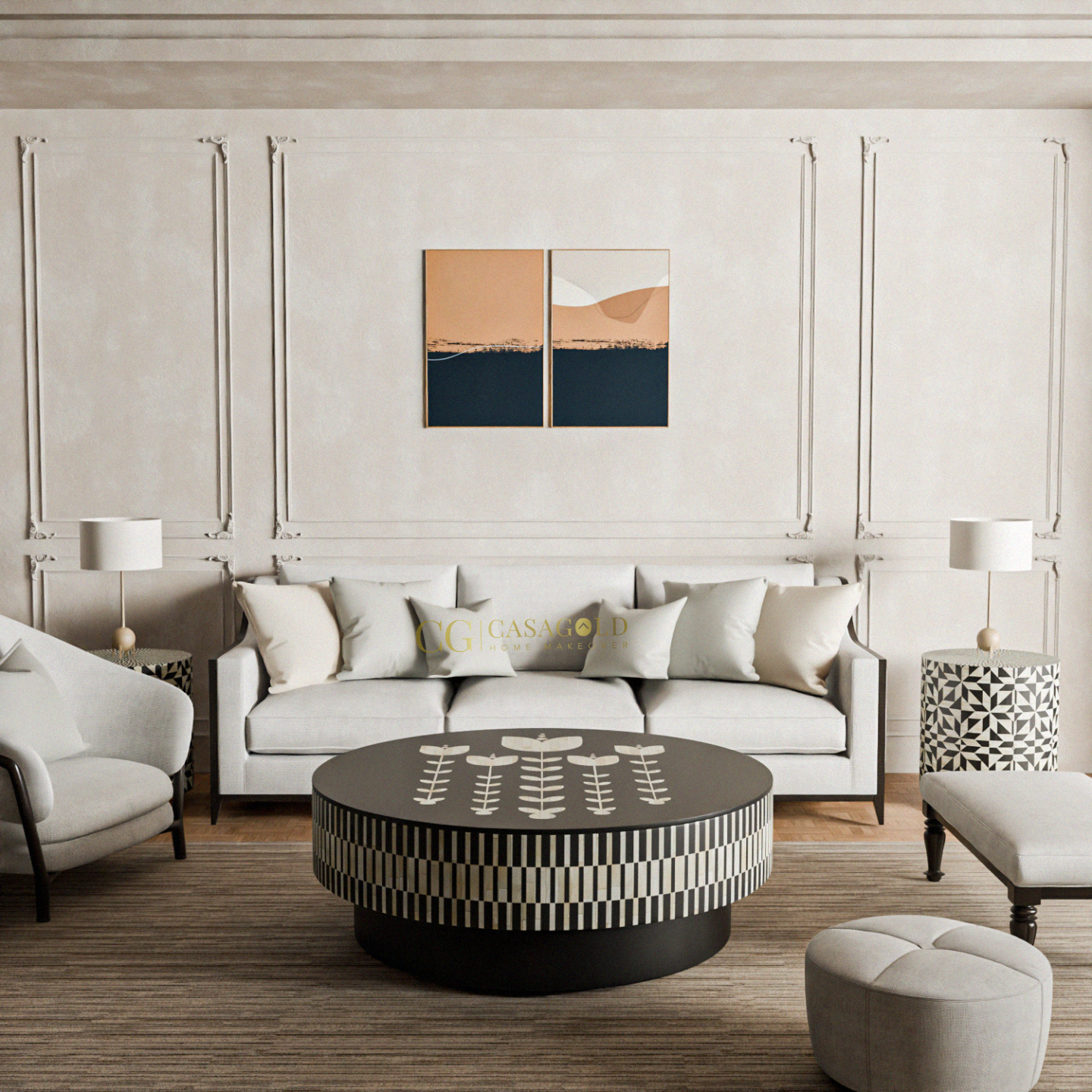  A circular, black coffee table with a decorative design. The top features a whimsical, white floral pattern,