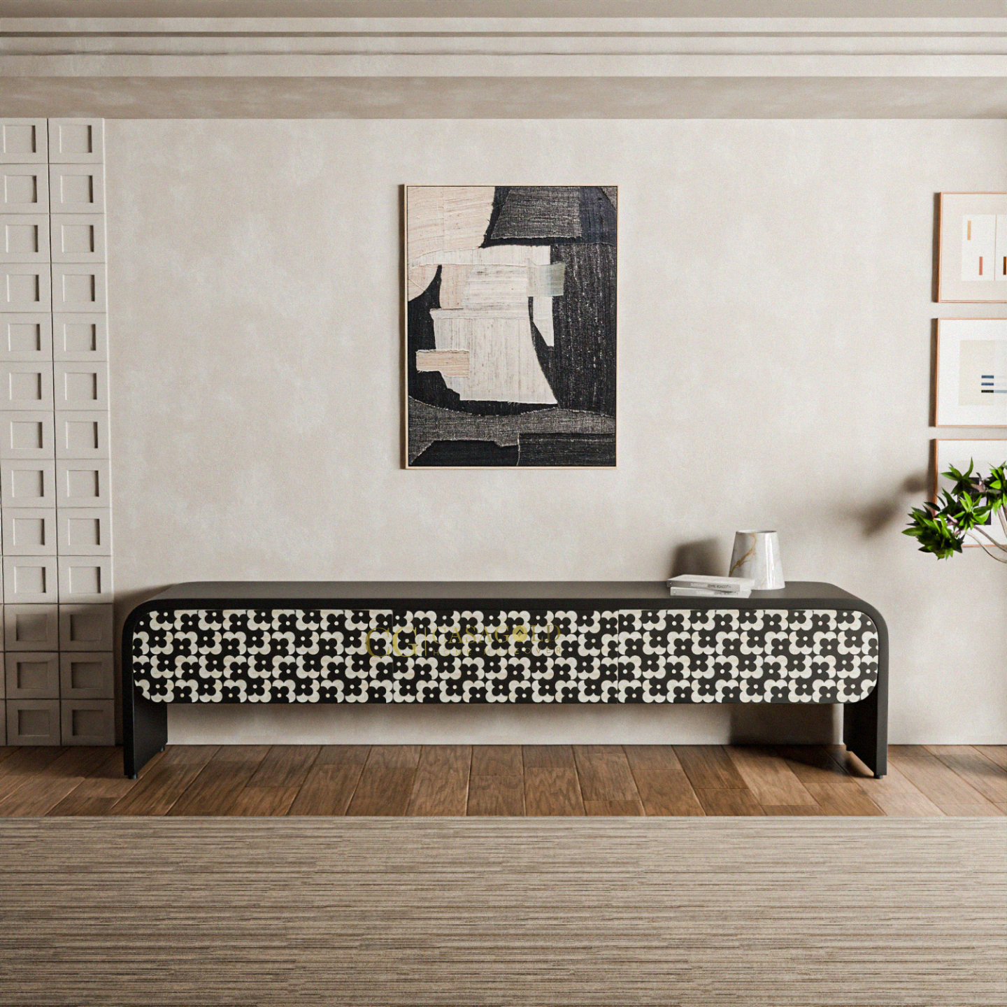  A sleek, low-profile cabinet with a curved, geometric pattern in black and white. 