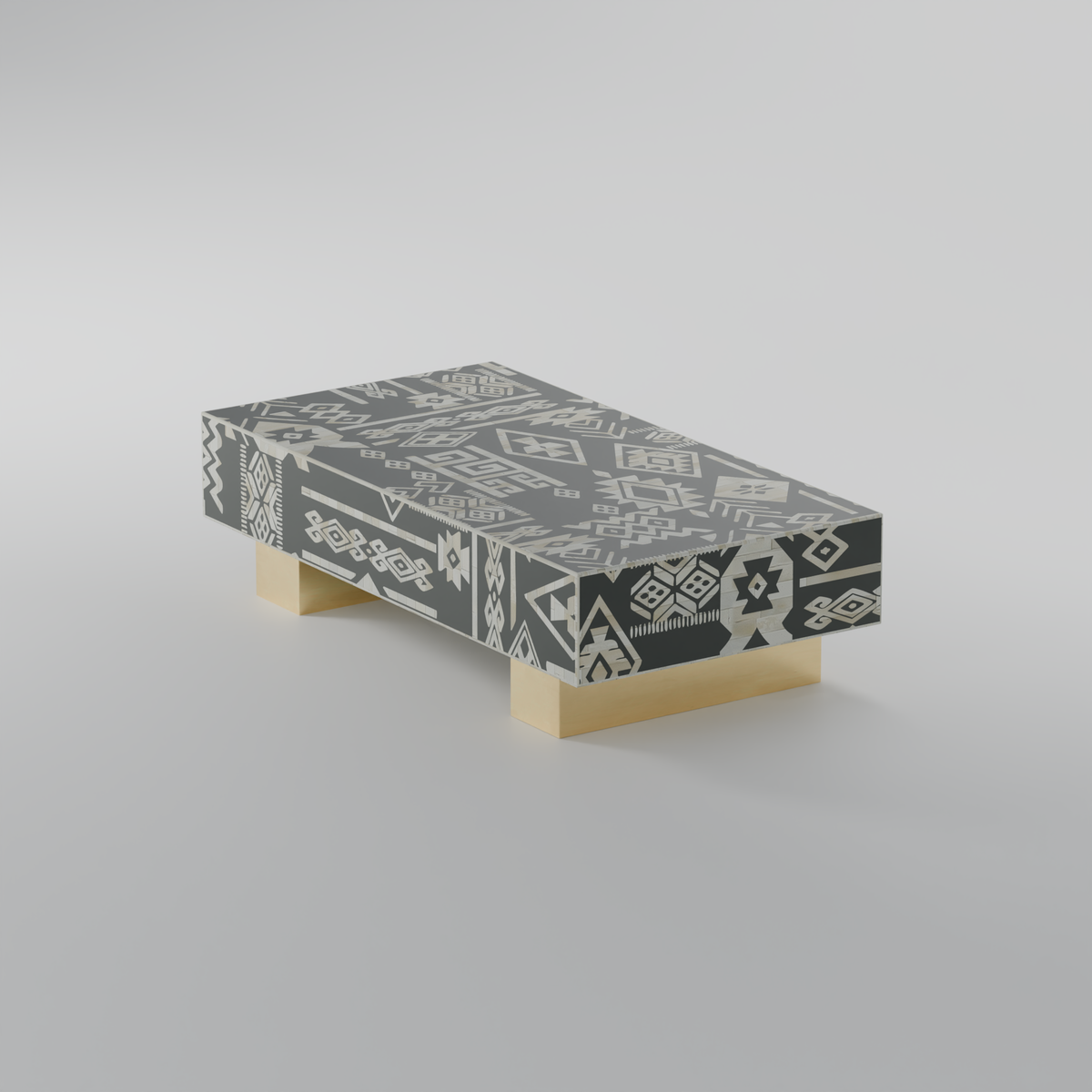 Shop a luxury rectangular bone inlay coffee table featuring intricate geometric patterns and a sophisticated gold-finish pedestal base.