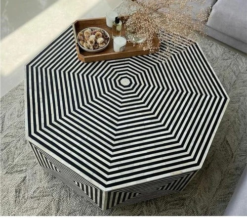 "Black and white bone inlay hexagon coffee table for chic decor"
