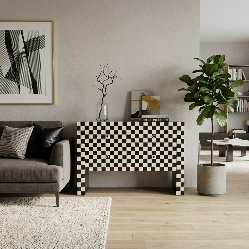 A black and white checkered console table in a modern living room setting, styled with a clear glass vase containing a decorative branch and a book.