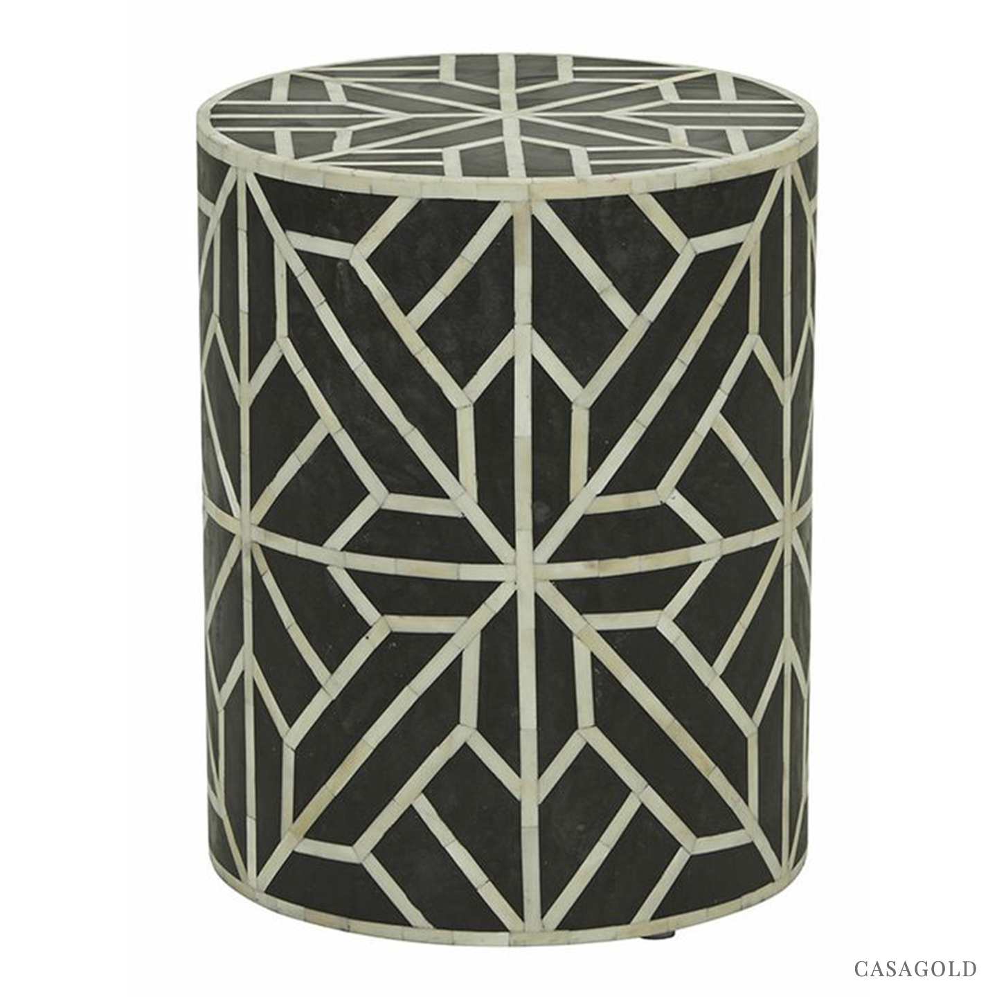 "Black and white drum-shaped side table with bold inlay designs"
