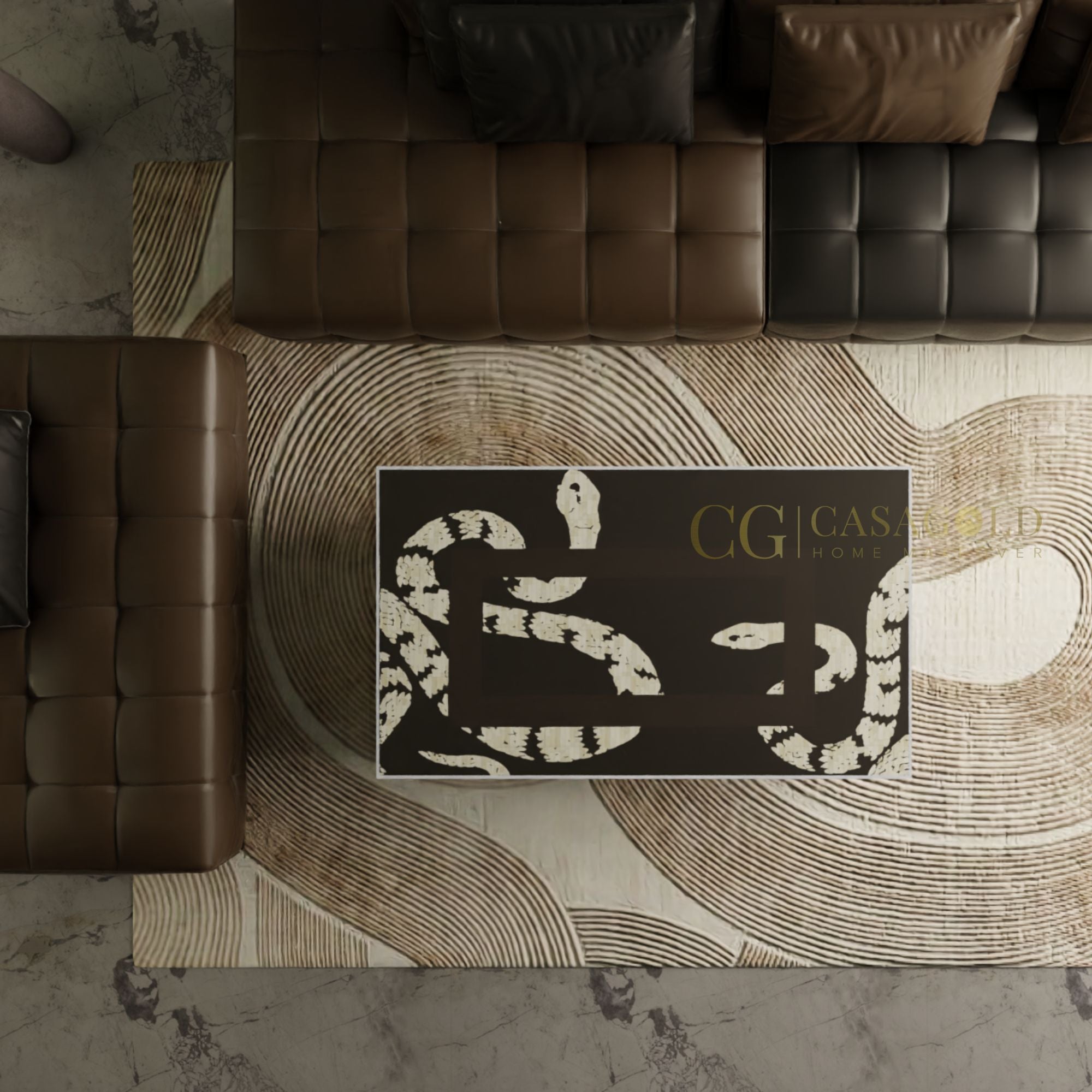 "Black and white rectangular coffee table with bold bone inlay"
