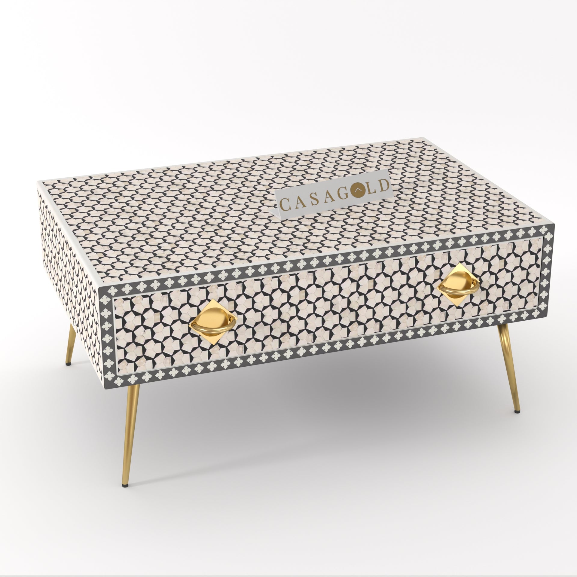 "Black and white rectangular coffee table with bold bone inlay"

