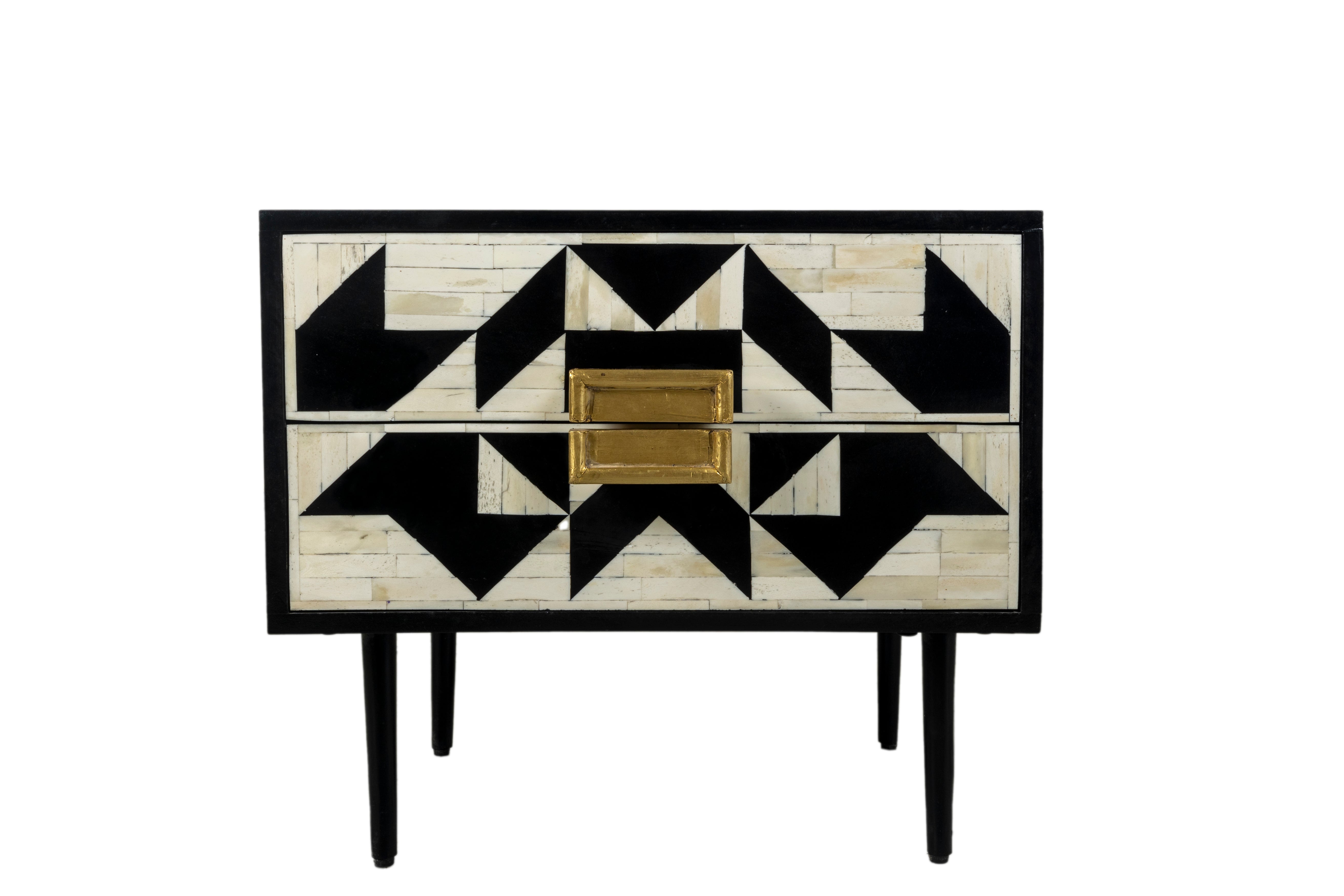 "Black bone inlay rectangular bedside table supported by a sturdy gold frame"
