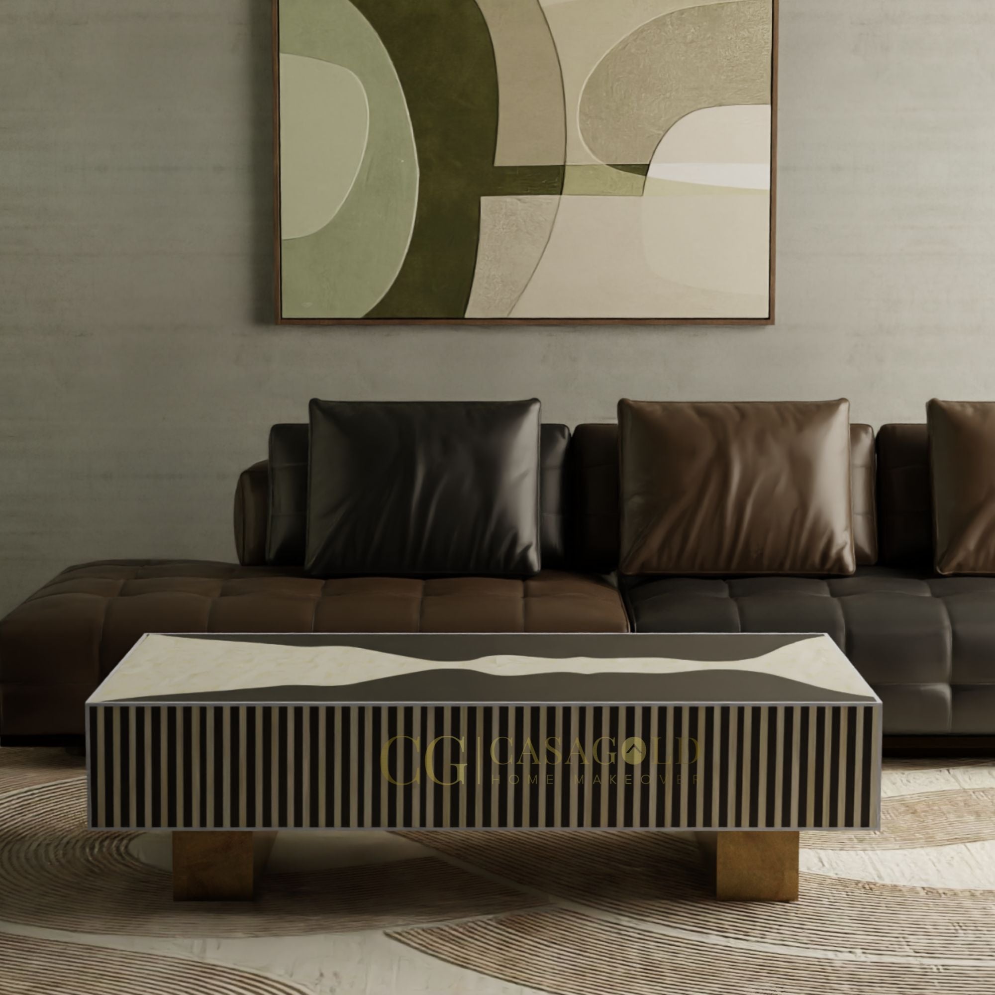 "Black and white rectangular coffee table with bold bone inlay"
