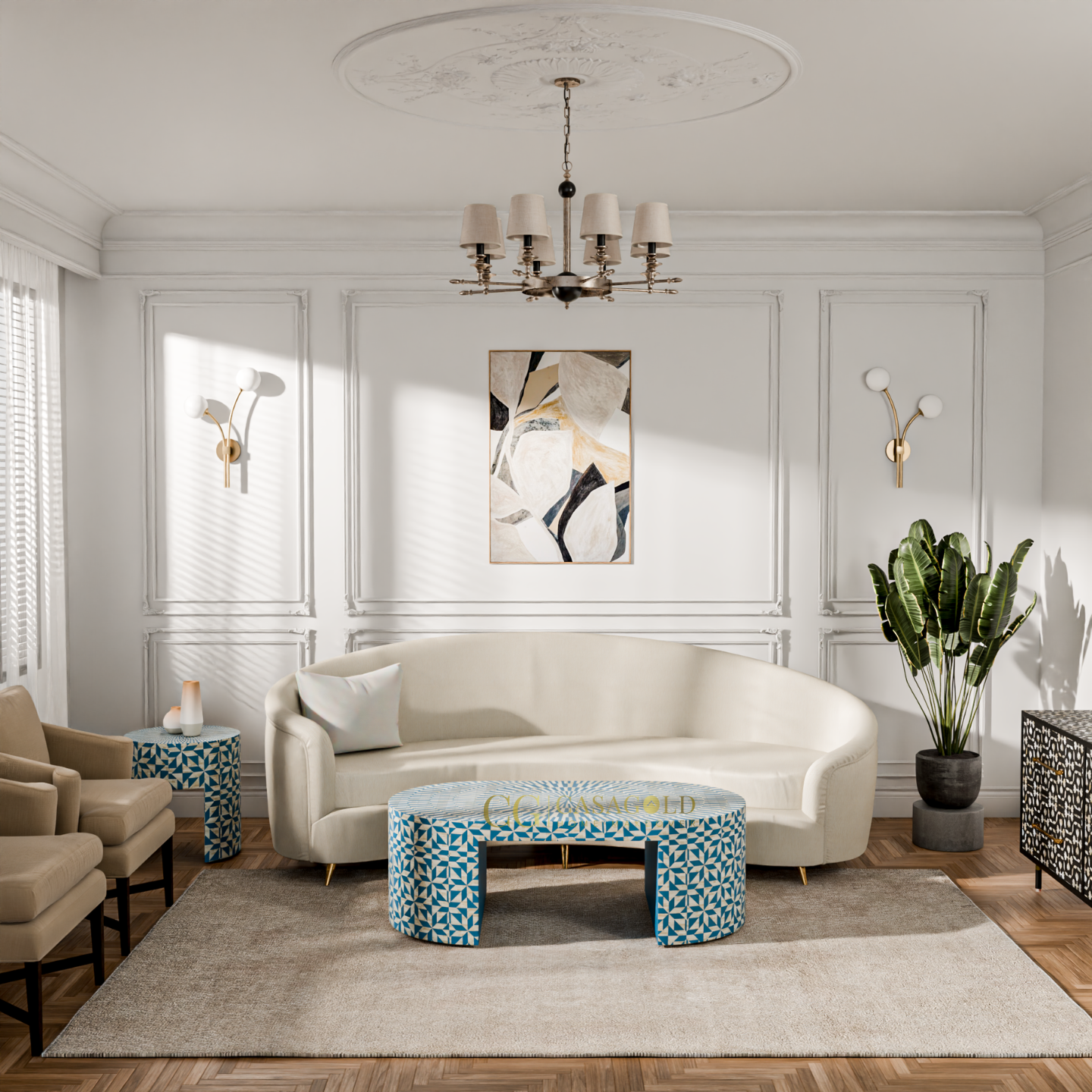 Contemporary coffee table with bold blue mosaic top and curved arch cutout