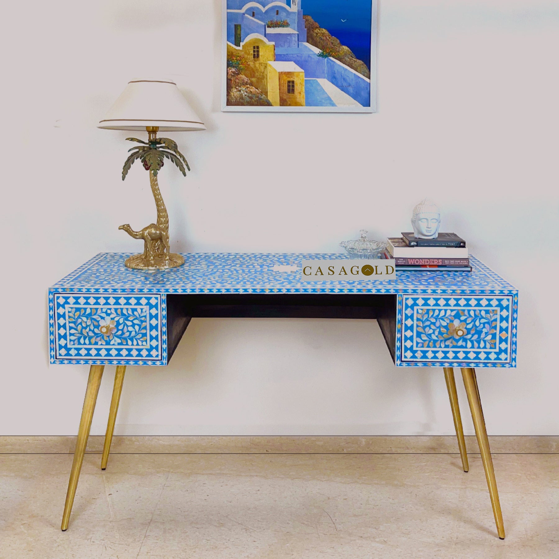 Blue and white MOP inlay office desk for luxurious home workspaces