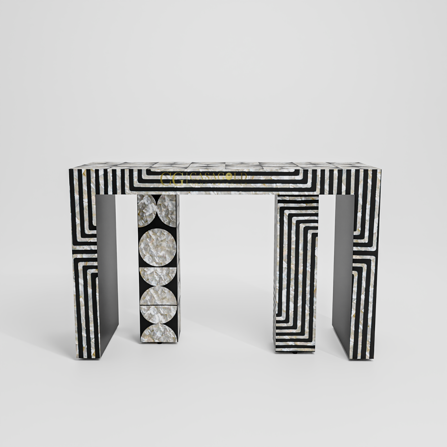 Decorative console table with black and white contrast and circular shell inlay patterns
