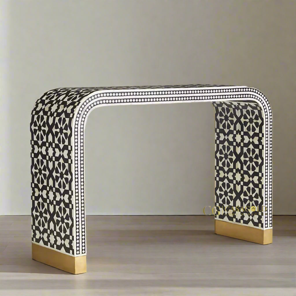 Bone Inlay Black Console Desk with Gold Accents	