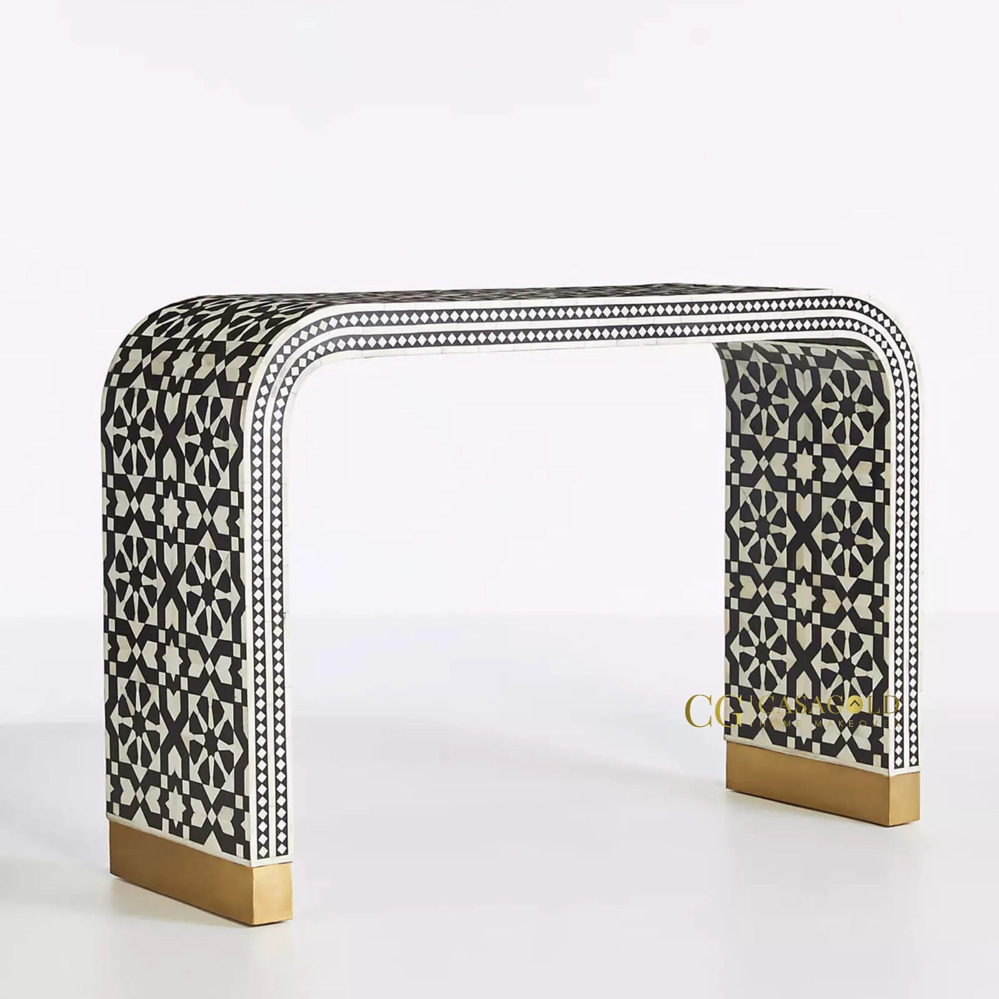 Bone Inlay Black Console Desk with Gold Accents	