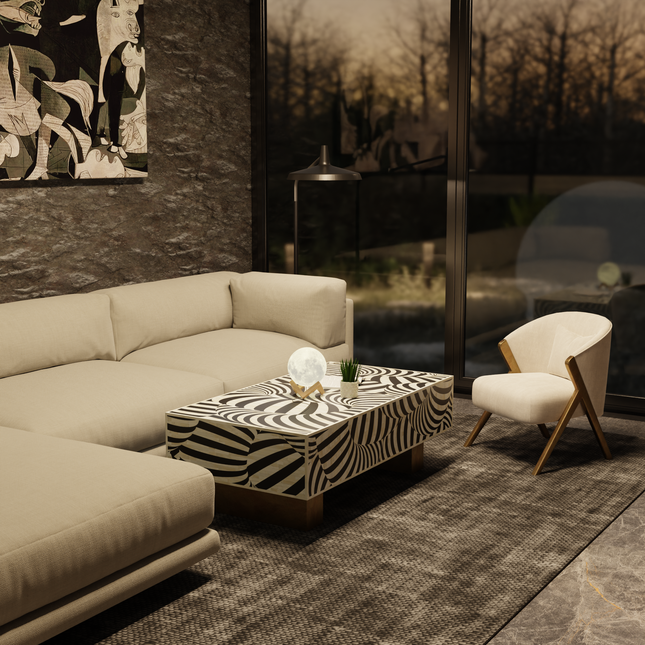 Bone Inlay Rectangular Coffee Table with Geometric Pattern	