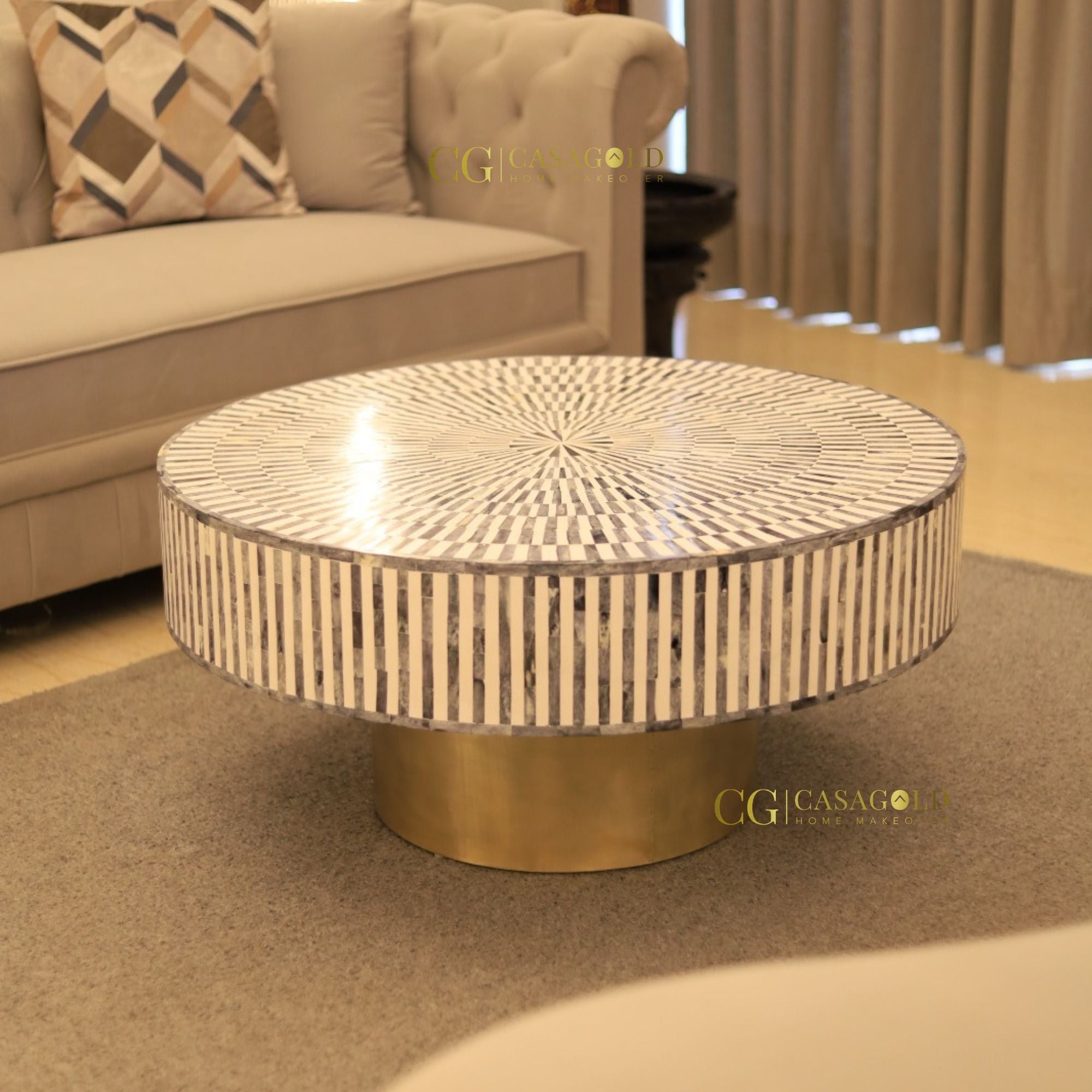 Round Bone Inlay Coffee Table for Living Room
