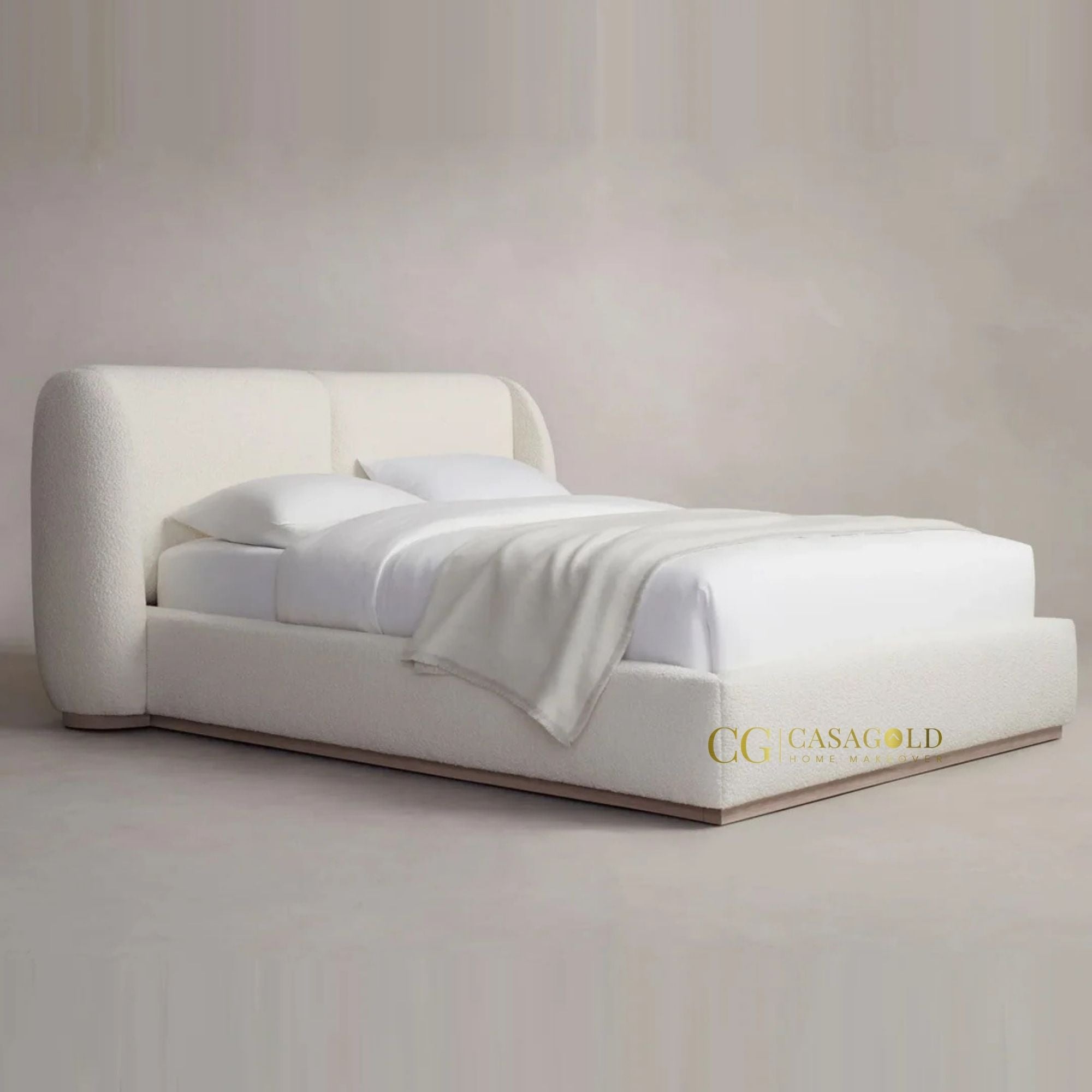 Textured Upholstered Bed in Soft Ivory Fabric