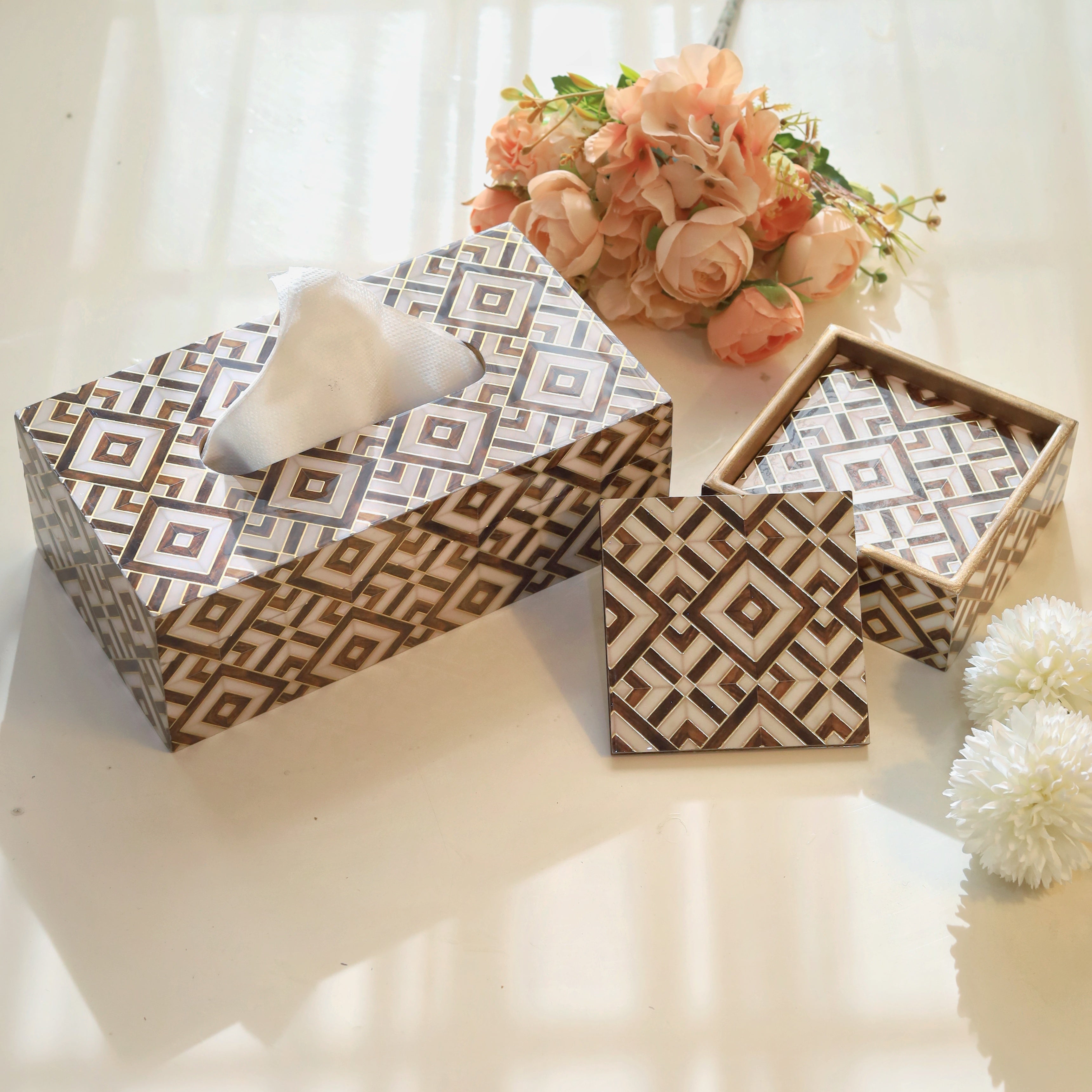 Sophisticated coaster and tissue box combo for homes
