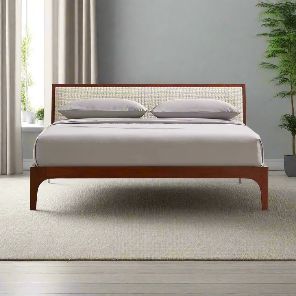 Modern cane weave bed with acacia wood frame.