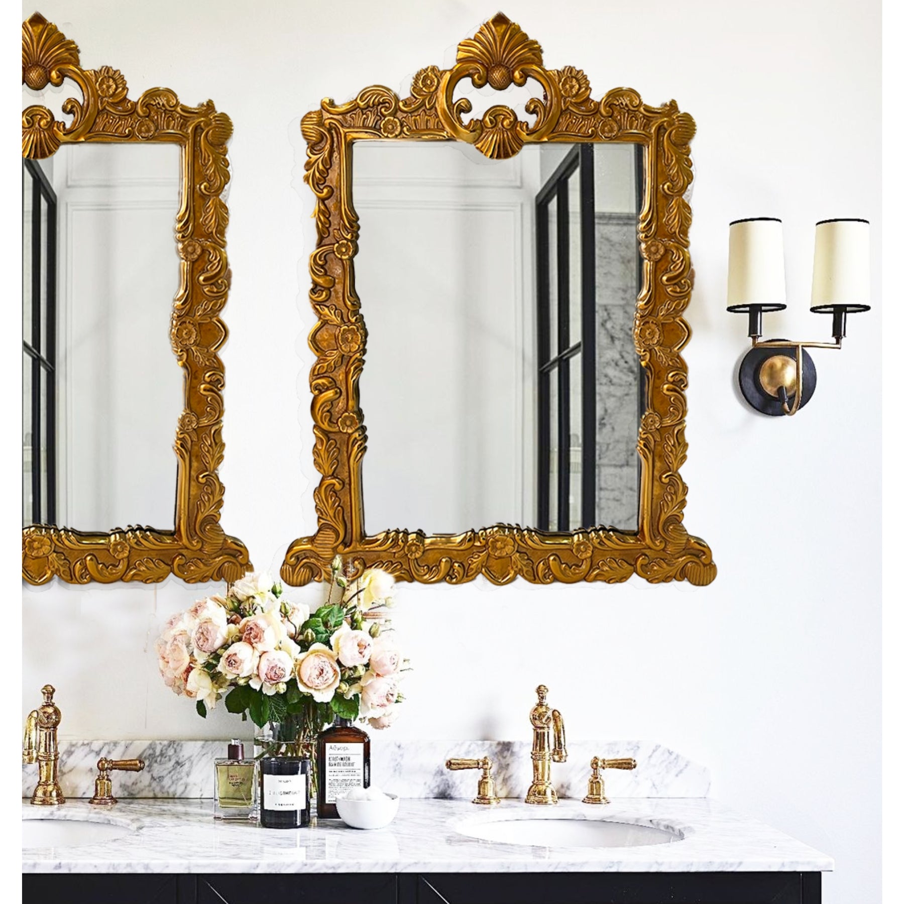 Carved Gold iris Glass Vintage Mirror	