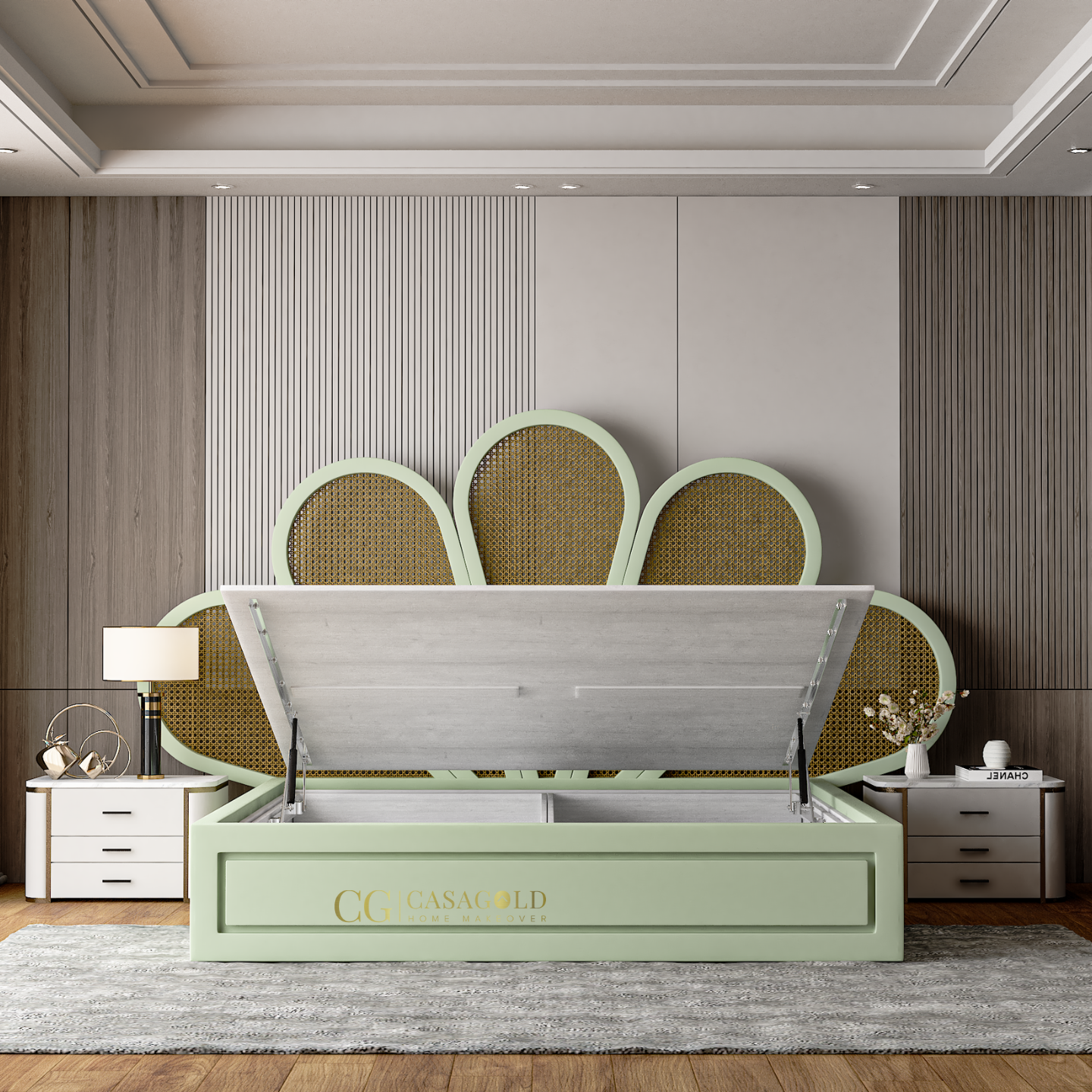  Stylish bed with a petal-shaped cane headboard and white bedding.
