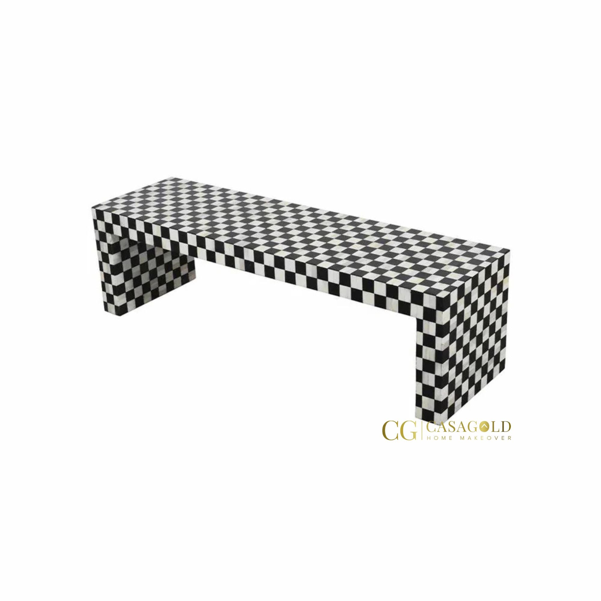 Black and white inlay rectangle coffee table with intricate design
