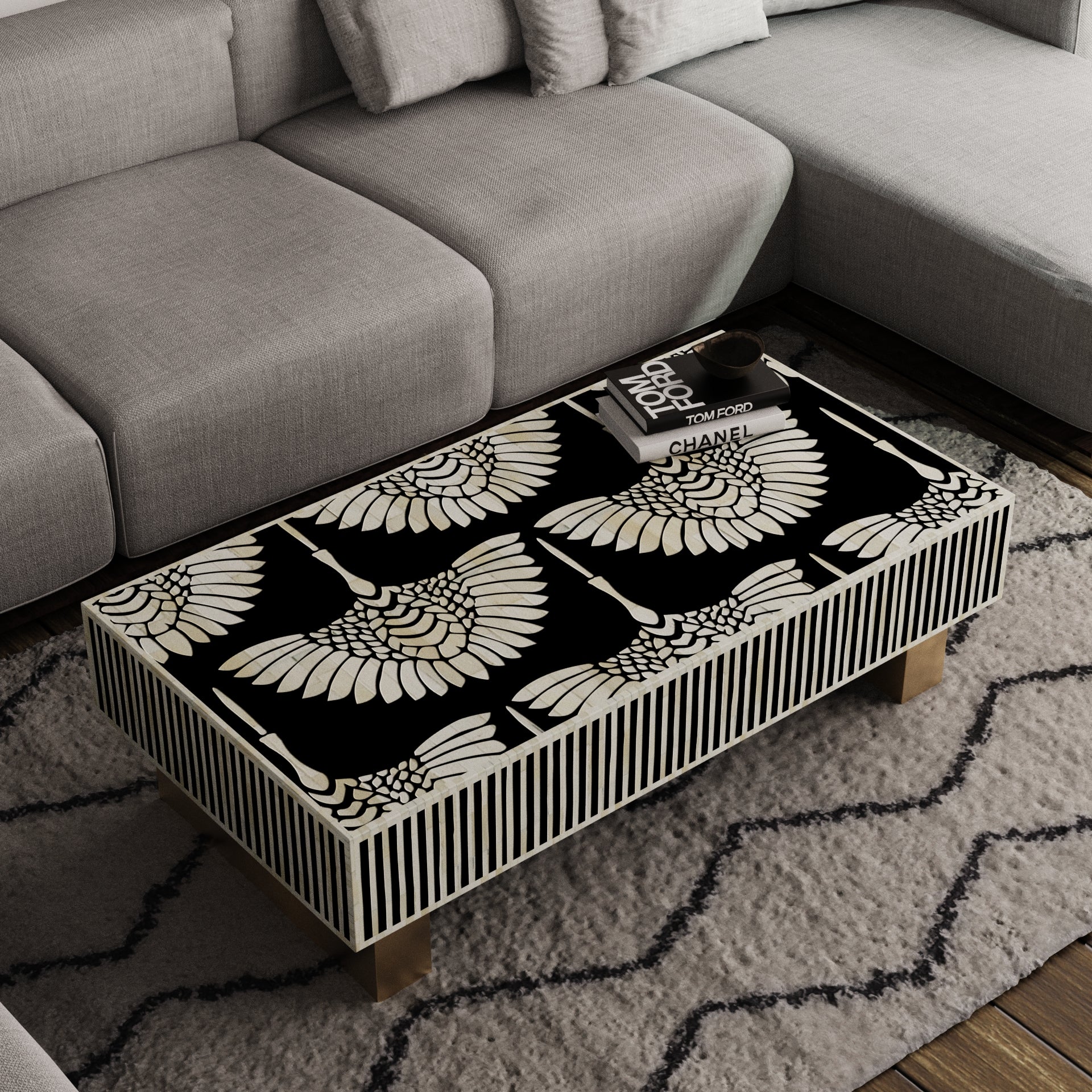 Classic Black Bone Inlay Rectangular Coffee Table	